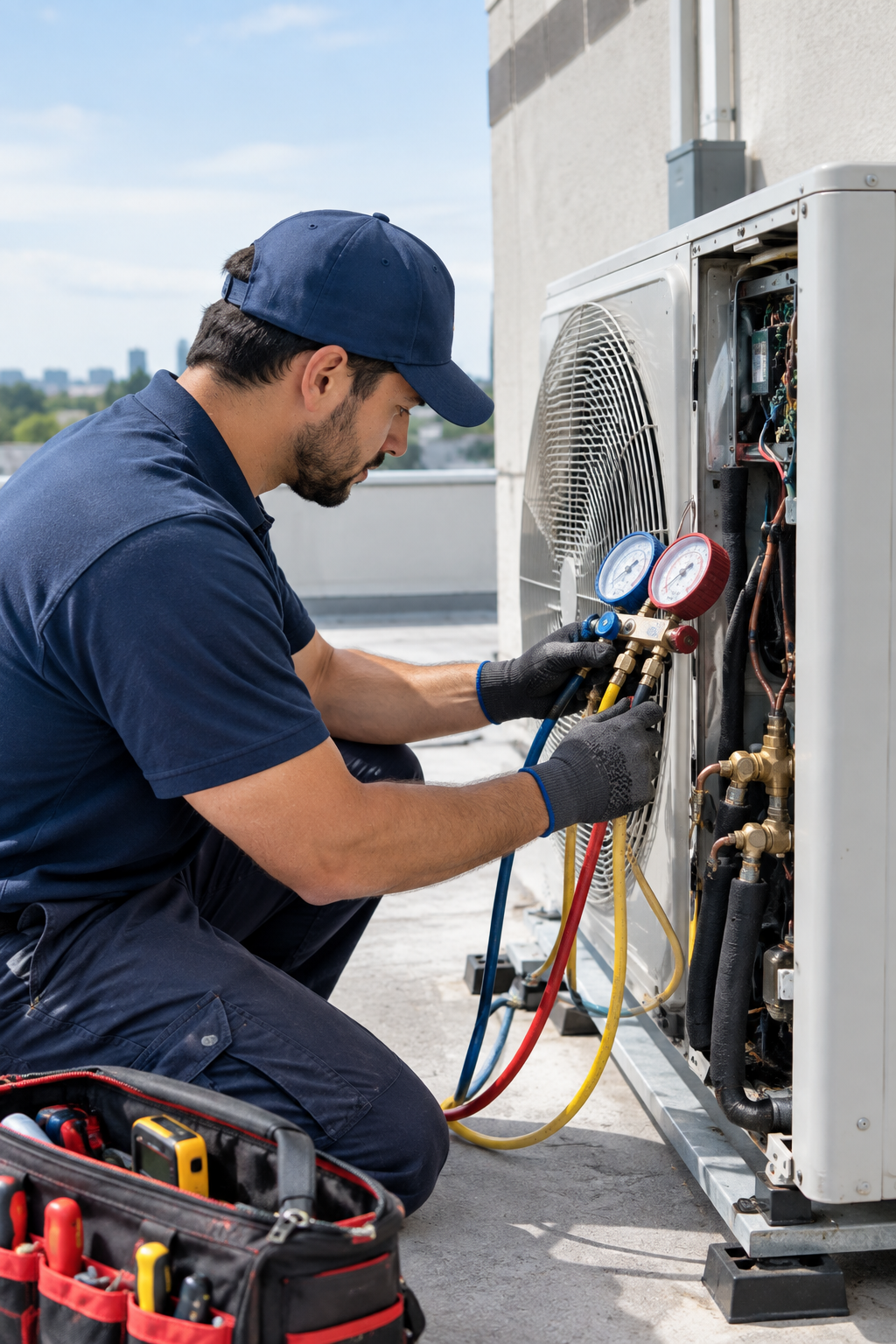 Repairman working on appliance