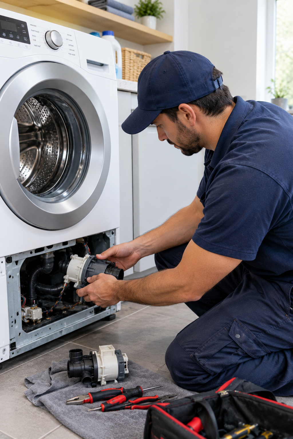 Technician using multimeter on appliance